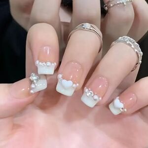 2/$16 3D Rhinestone Heart French Manicure Press On Nails